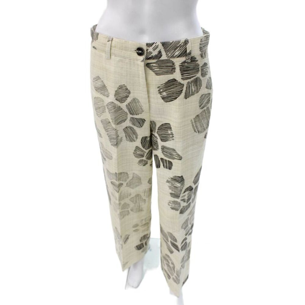 QL2 Womens Beige Floral Linen Ankle Pants Button Closure Size 42